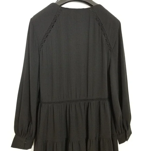 Zara Women Textured Midi Tiered Dress Sz L Black V Neck Boho Relaxed Vacation - Picture 6 of 9